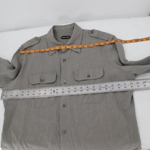 Tom Ford Shirt Mens 16.5 Linen safari military Button Up Long Roll Tab Sleeve - Picture 12 of 16